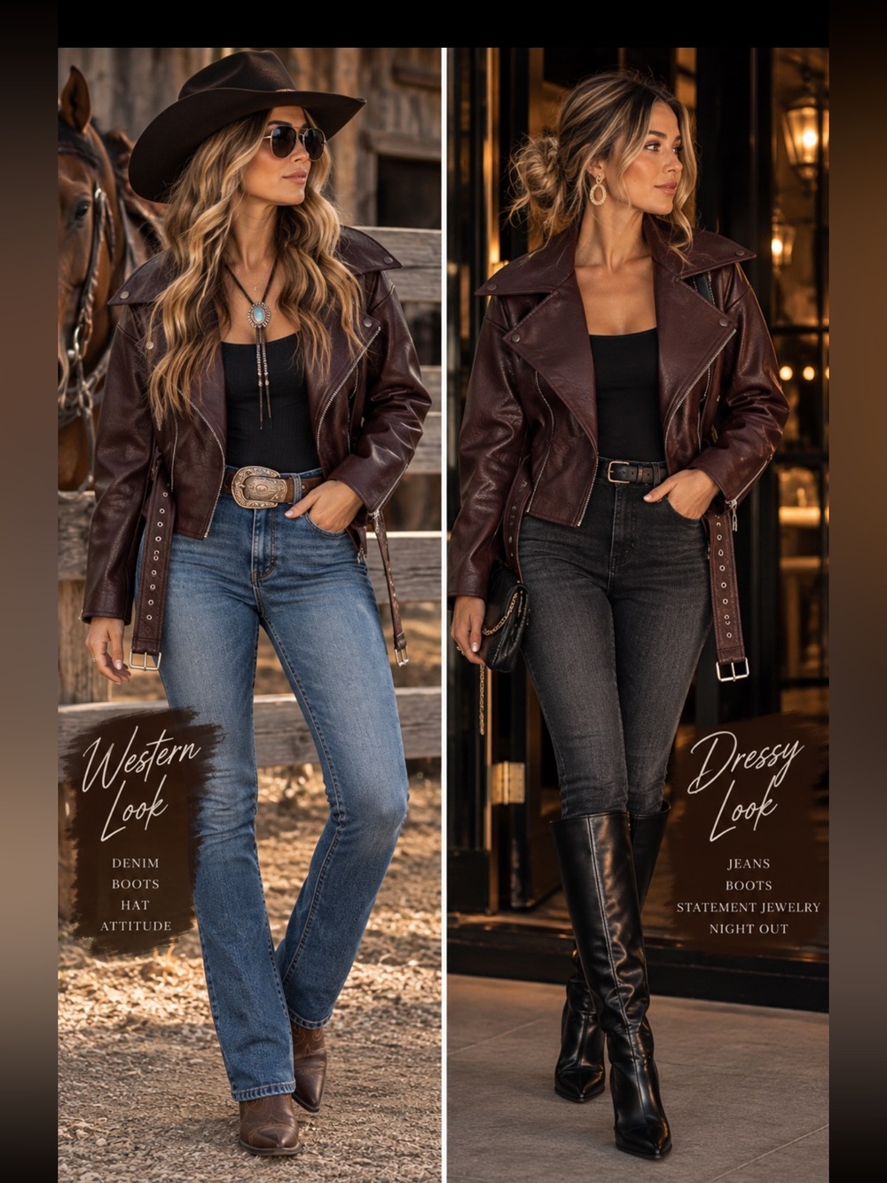 COMMENSE Women’s Dark Brown Leather Moto Jacket - Classic Style